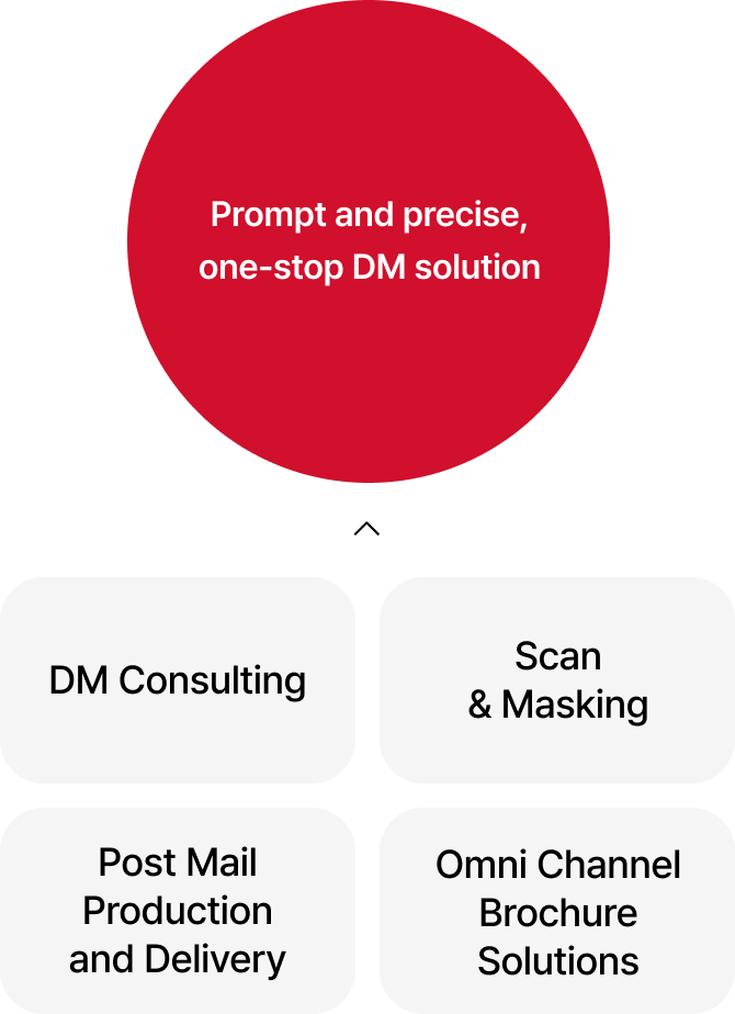 Prompt and precise, one-stop DM solution  01 DM Consulting 02 Scan & Masking 03 Post Mail Production and Delivery 04 Omni Channel Brochure Solutions